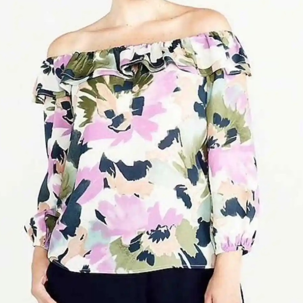 NWT J.Crew Floral Printed Off The Shoulder Ruffle Blouse Sz XS - Picture 1 of 11
